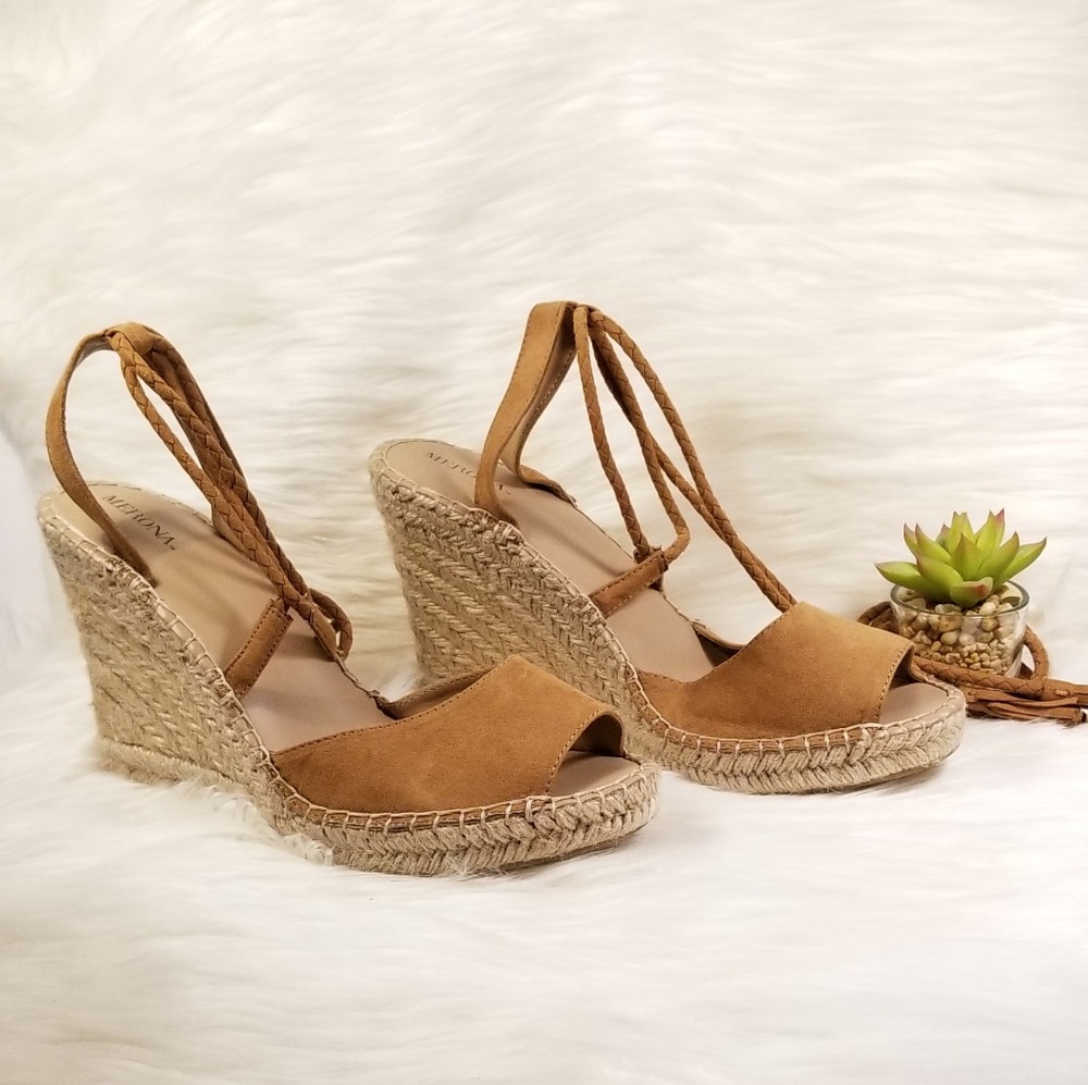 Suede tan lace up wedges